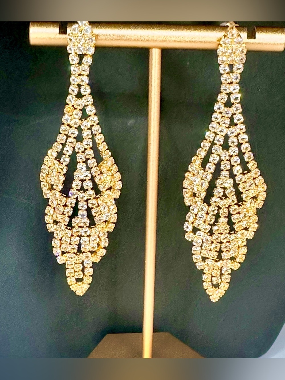 Gold Tone Crystal Chandelier Drop Earrings Rhinestone Statement 3"